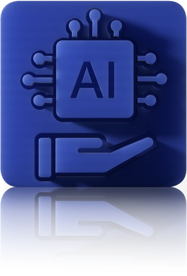 Blaues Icon: Mikrochip mit „KI“ und Leiterbahnen über offener Hand – Symbol für KI‑Modul und KI‑Funktionen.