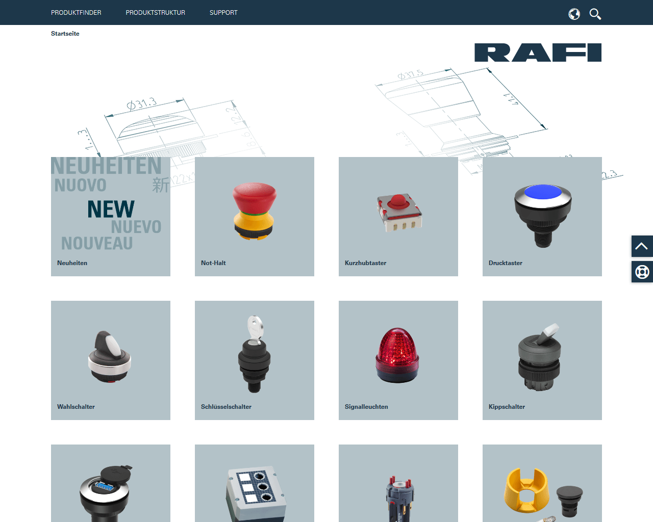 Screenshot des Onlinekatalogs von RAFI mit Kachelansicht.