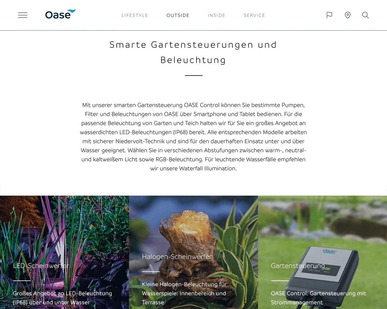 Screenshot der OASE-Website mit Produktinformationen aus der crossbase-Datenbank.