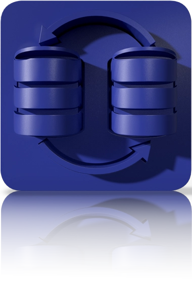Das Symbol ist unicolor blau und zeigt zwei stilisierte Datenbanksymbole mit jeweils drei übereinanderliegenden Balken. Zwischen ihnen verlaufen zwei geschwungene Pfeile im Kreis, die einen wechselseitigen Datenaustausch darstellen. Es ist in einem Quadrat mit abgerundeten Ecken dargestellt. Dieses Icon steht für das Modul Datenhub und Prozessmonitor von crossbase.