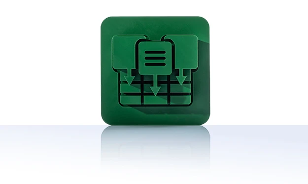 Das Symbol ist unicolor grün und zeigt zwei stilisierte Tabellen- oder Katalogsymbole mit Zeilenstruktur, die sich überlappen. Davor befindet sich ein Pfeil, der einen Exportvorgang andeutet. Es ist in einem Quadrat mit abgerundeten Ecken dargestellt. Dieses Icon steht für das Modul Datenexport E-Kataloge von crossbase.