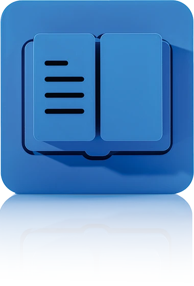 Das Symbol besteht aus einem umgebenden blauen Quadrat mit abgerundeten Ecken. Darin befindet sich ein aufgeschlagenes, stilisiertes Buch mit Linien auf der linken Seite. Es steht für das Channel Output Management von crossbase.