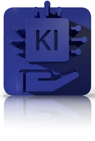 Blaues Icon: Mikrochip mit „KI“ und Leiterbahnen über offener Hand – Symbol für KI‑Modul und KI‑Funktionen.