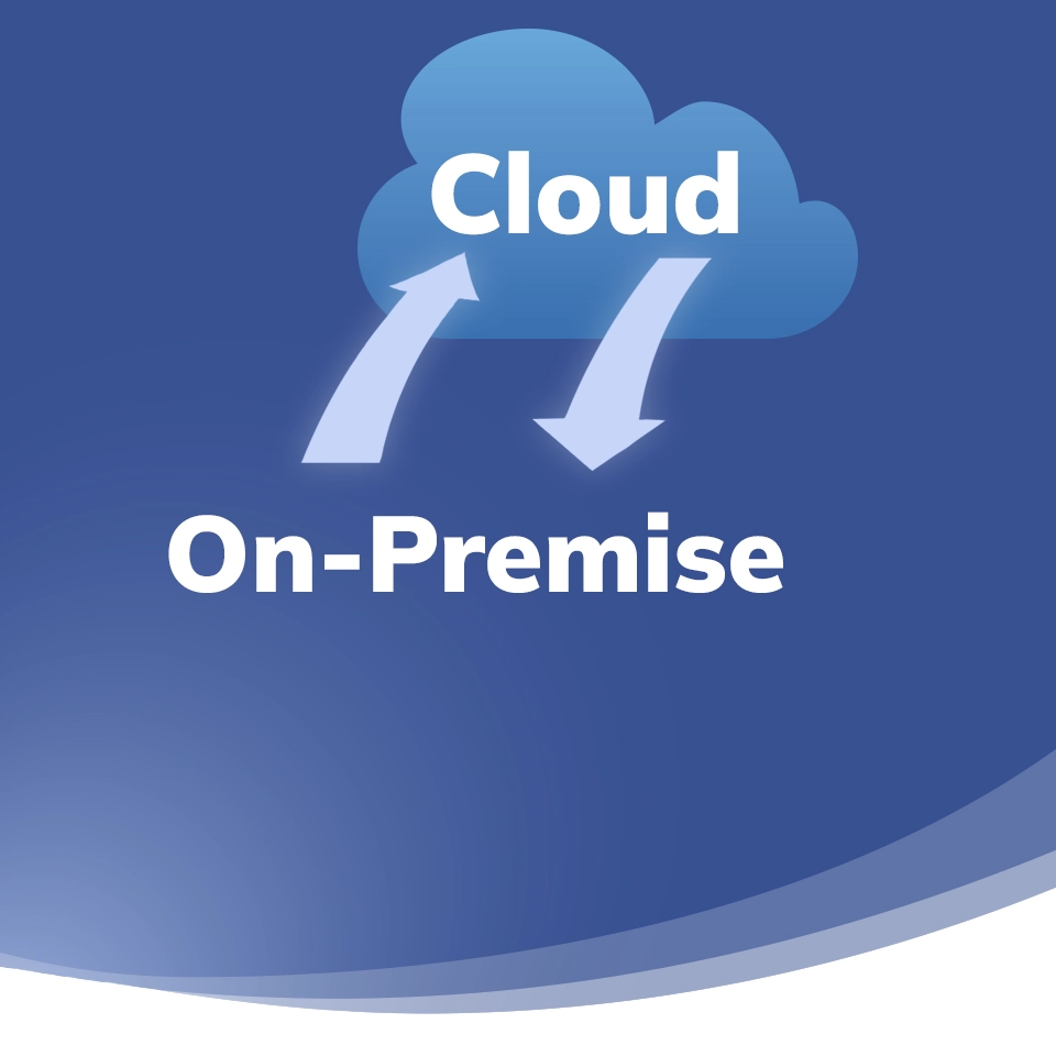 Blaue Grafik mit Wolke „Cloud“ und zwei Pfeilen zu „On-Premise“ – symbolisiert die freie Wahl des PIM-Betriebs.