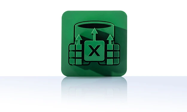 Das Symbol ist unicolor grün und zeigt eine stilisierte Datenbank, vor der zwei Tabellen-Symbole mit Zellenstruktur angeordnet sind. In der Mitte befindet sich ein großes „X“, das an das Symbol für Excel erinnert. Aus den Tabellen führen zwei Pfeile nach oben zur Datenbank. Es ist in einem Quadrat mit abgerundeten Ecken dargestellt. Dieses Icon steht für den Datenimport-Konfigurator von crossbase – er ermöglicht die strukturierte Übernahme von Excel- oder tabellarischen Daten in die zentrale Datenbank.