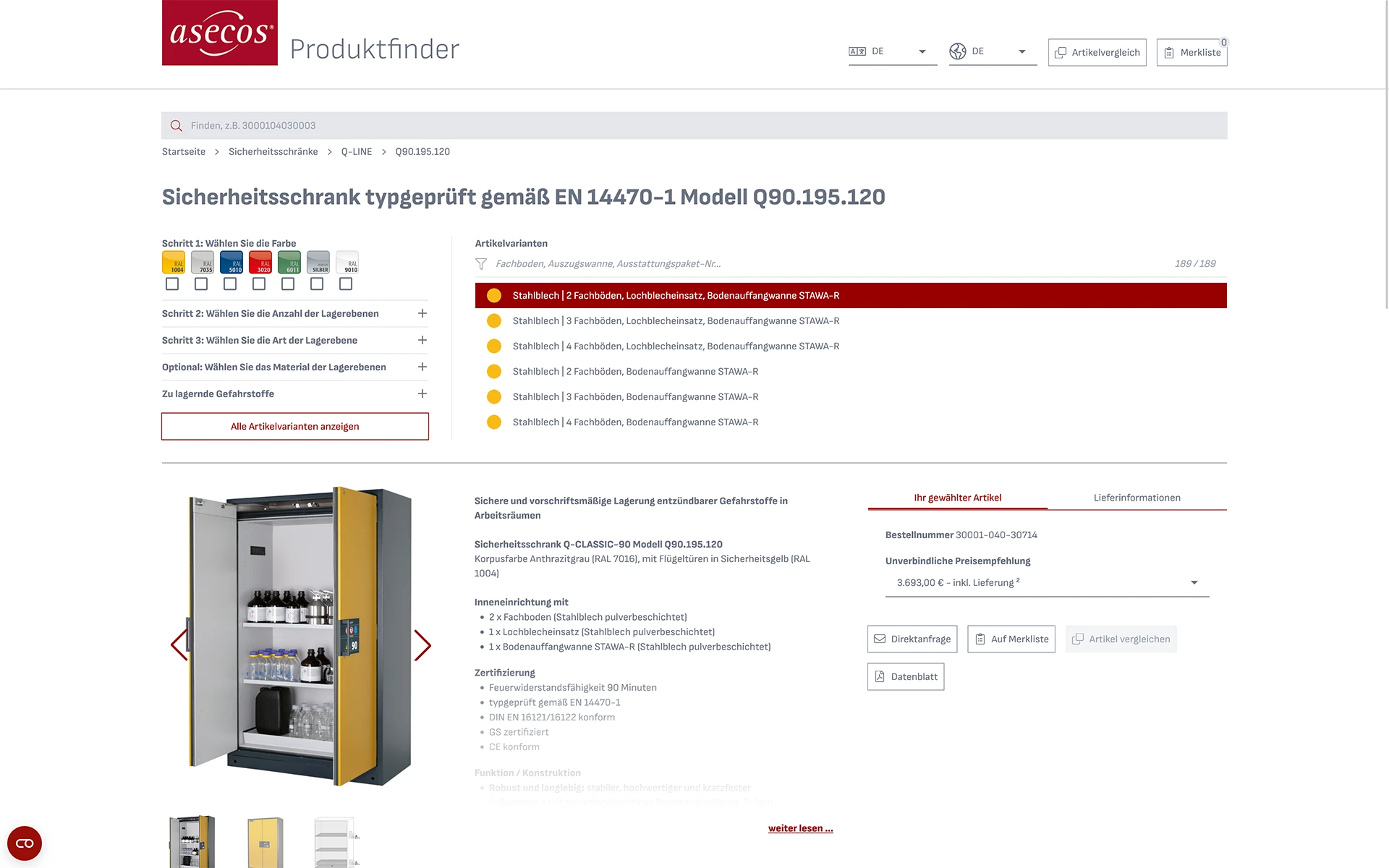 Screenshot einer Produkt-Detailseite im Produkfinder von asecos.
