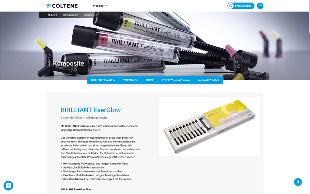 Der Screenshot zeigt ein Produkt im Onlinekatalog von COLTENE in der Detailansicht. Die angezeigten Produktinformationen stammen aus dem crossbase PIM-System bei COLTENE.