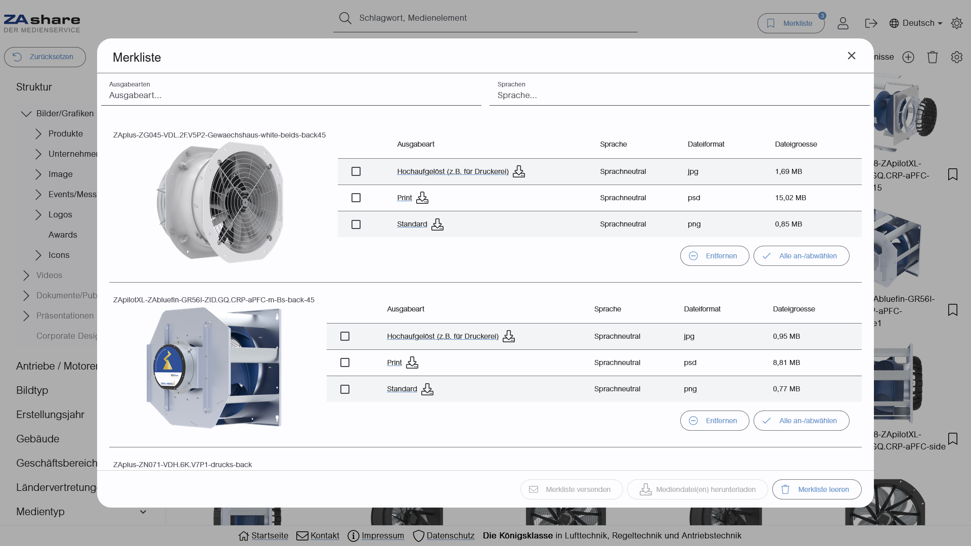 Merkliste des Medienservices von ZIEHL-ABEGG mit vermerkten Artikeln.
