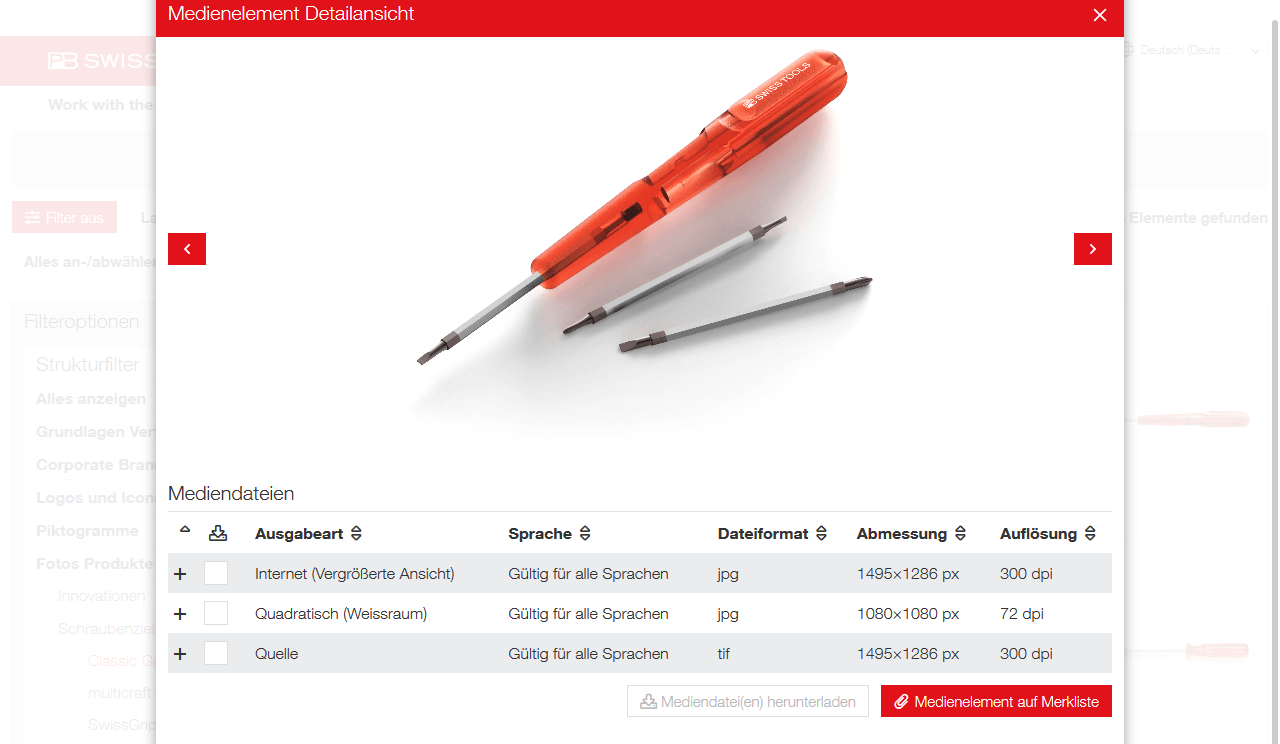 Screenshots des PB Swiss Tools-Medienservices mit Produktinformationen aus der crossbase-Datenbank.