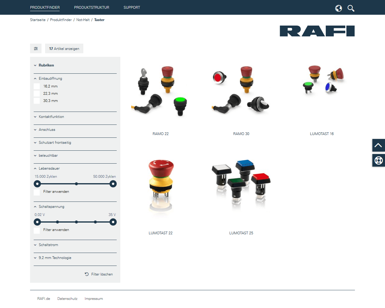 Screenshot des Onlinekatalogs von RAFI mit eingegrenzter Suche und Filtern.