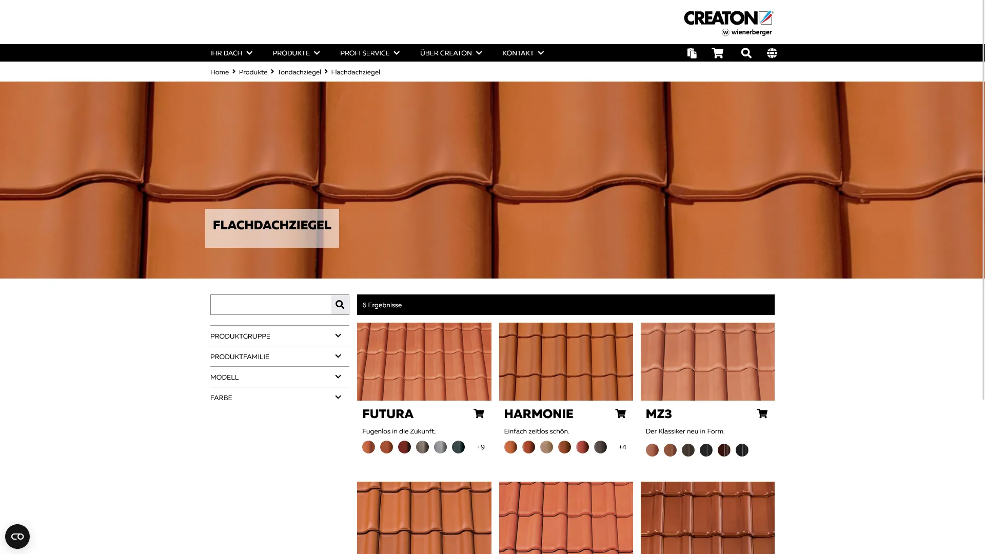 Screenshot der Website von CREATON mit Produktkachel-Ansicht.