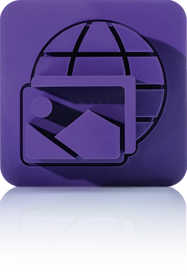 Das Symbol ist unicolor violett und zeigt zwei versetzte Medienelemente vor einer stilisierten Weltkugel mit Gitterlinien. Es ist in einem Quadrat mit abgerundeten Ecken dargestellt. Dieses Icon steht für den Medienservice von crossbase.