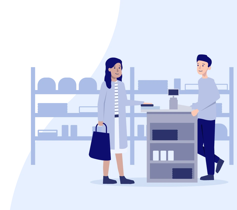 Illustration einer Verkaufsszene im Geschäft: Eine Frau mit Einkaufstasche steht an einem Verkaufstresen und spricht mit einem Verkäufer. Im Hintergrund sind Regale mit Produkten zu sehen. Die Szene bildet ein Einkaufserlebnis im stationären Handel ab und symbolisiert die Branche Konsumgüter.