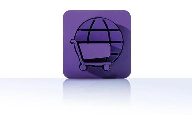 Das Symbol ist unicolor violett und zeigt einen Einkaufswagen vor einer stilisierten Weltkugel mit Gitterlinien. Es ist in einem Quadrat mit abgerundeten Ecken dargestellt. Dieses Icon steht für den Onlinekatalog von crossbase.