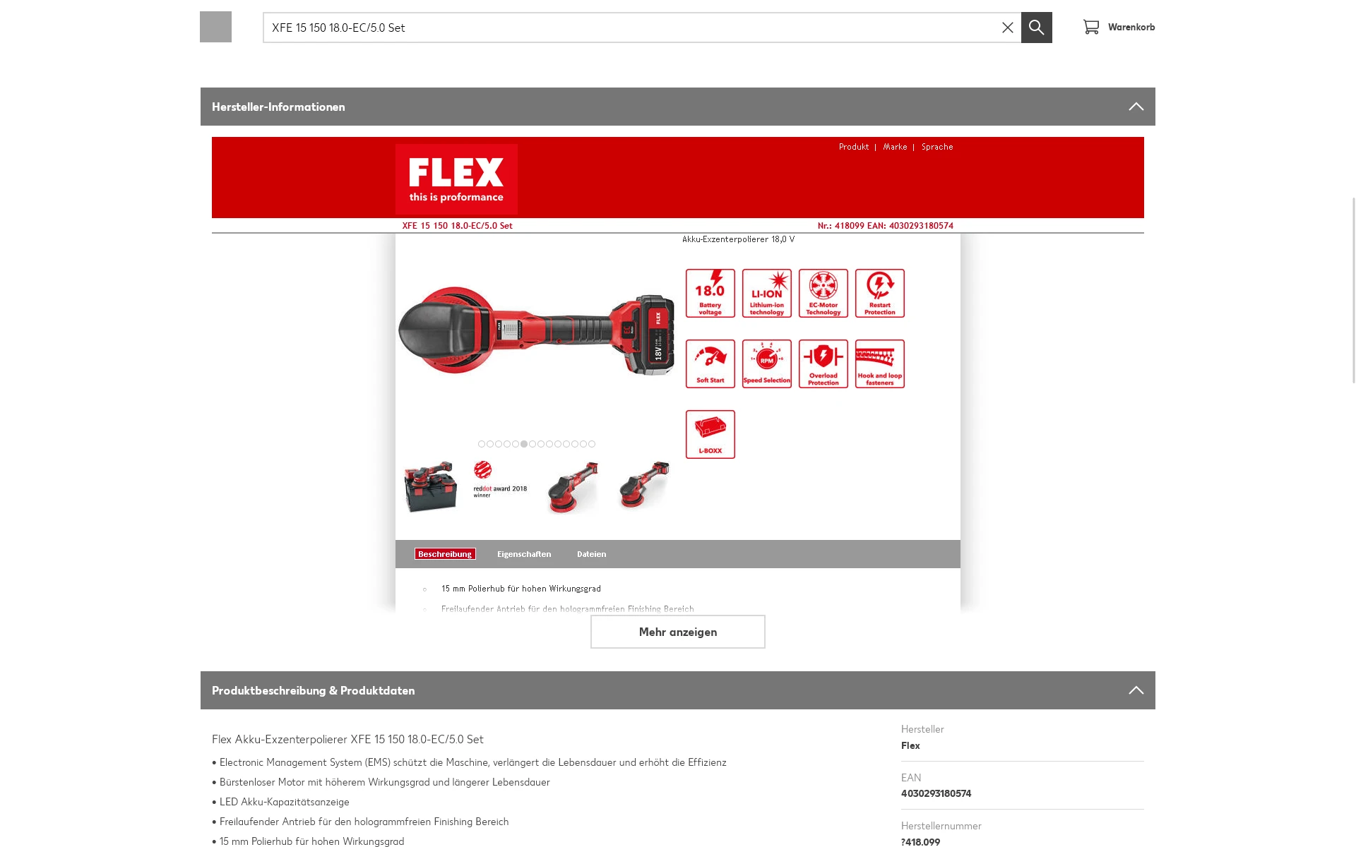 Screenshot einer Produktansicht in einem Online-Portal, das von loadbee und crossbase mit Produktinformationen bespielt wird.
