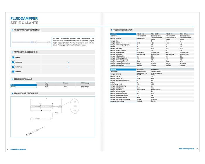 Ansicht einer Doppelseite aus dem Zimmer-Katalog für den Bereich „Fluiddämpfer“. Gezeigt werden Produktspezifikationen mit technischen Daten in Text- und Tabellenform.