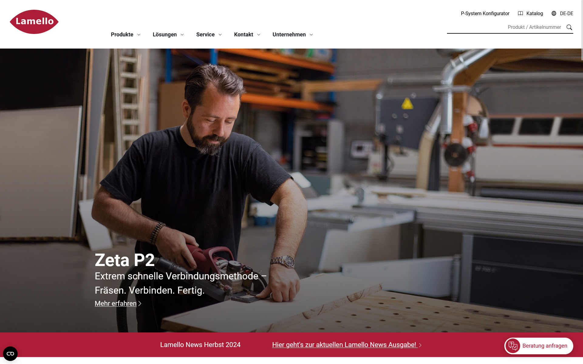Screenshot der Startseite der Lamello-Website