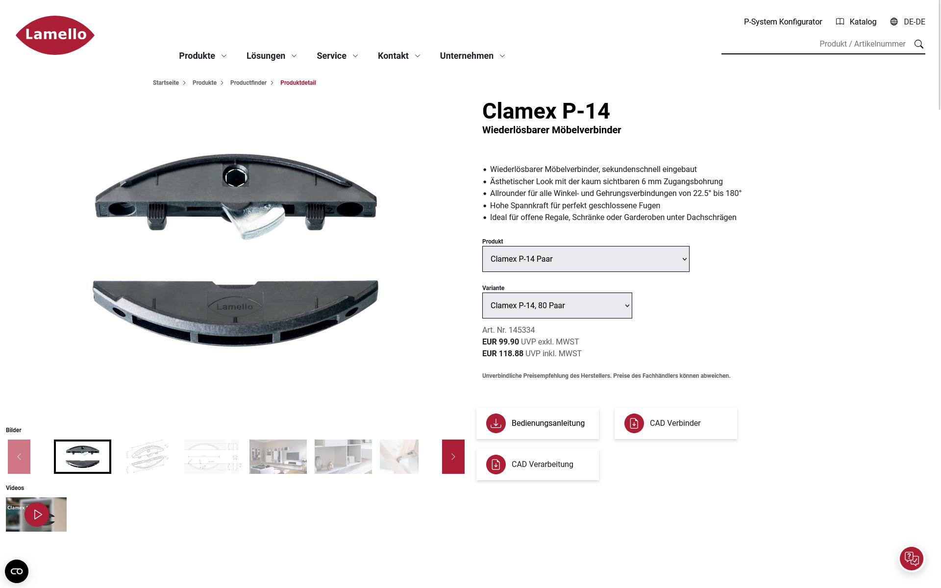 Screenshot einer Produktansicht auf der Website von Lamello