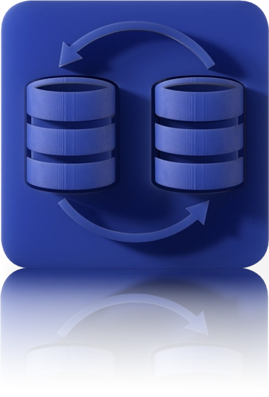 The symbol is unicolor blue and shows two stylized database symbols, each with three superimposed bars. Two curved arrows run between them in a circle, representing a reciprocal data exchange. It is shown in a square with rounded corners. This icon stands for the Data Hub and Process Monitor module of crossbase.