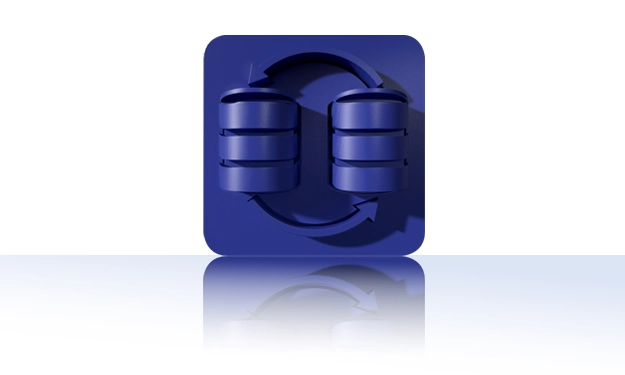 The symbol is unicolor blue and shows two stylized database symbols, each with three superimposed bars. Two curved arrows run between them in a circle, representing a reciprocal data exchange. It is shown in a square with rounded corners. This icon stands for the Data Hub and Process Monitor module of crossbase.