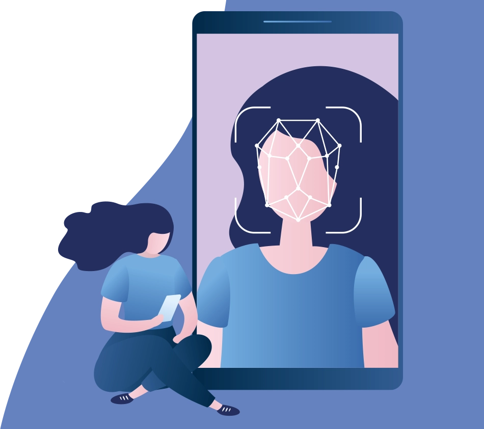 Illustration of a person holding a smartphone with a large display and facial recognition, symbolizing digital identity and a modern brand image