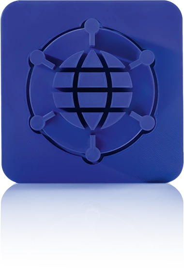 The symbol is unicolor in blue and shows a stylized globe with a grid of lines of longitude and latitude, surrounded by a network of six connected nodes in a circle. It is located in a square with rounded corners. This icon stands for the crossbase web application server.