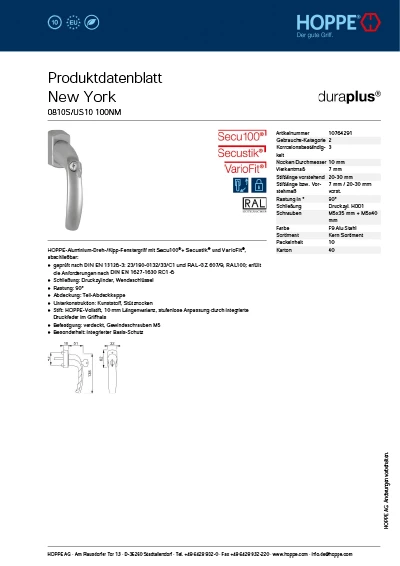 Generated product data sheet from HOPPE with German content.