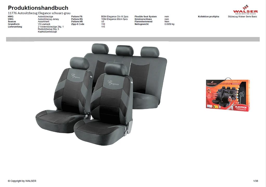 Page of an automated creation of a WALSER production manual with product illustration.