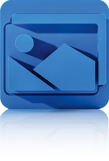 The symbol is unicolor blue and consists of a surrounding square with rounded corners. Inside is a rectangle showing two stylized mountains at the bottom and a sun above. The symbol stands for the Media Asset Management module of crossbase.