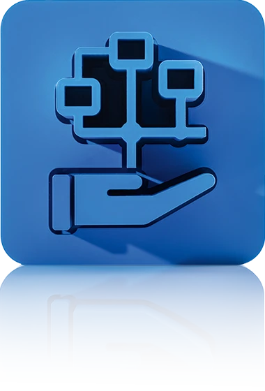The symbol consists of a blue square with rounded corners and shows a stylized palm bearing a branched diagram. The diagram consists of four connected nodes in the form of small rectangles, which are arranged by lines to form a tree structure. The symbol stands for the workflow management of crossbase.