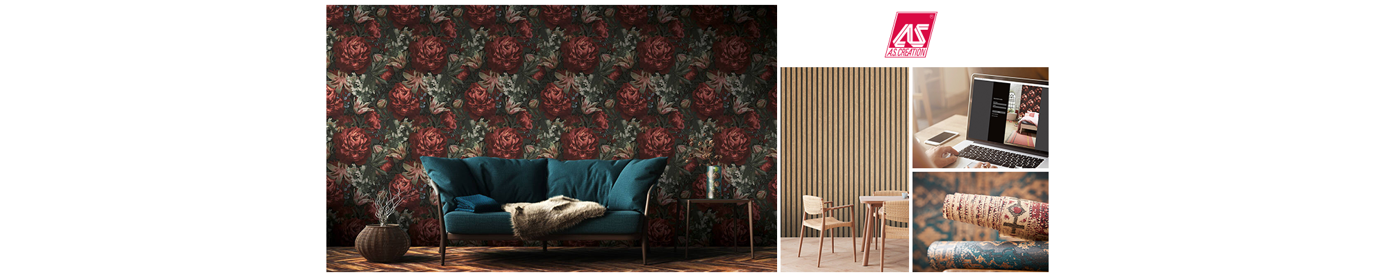An excerpt from the product portfolio of A.S. Création Tapeten AG: living room with floral wallpaper and blue sofa, next to detailed pictures of wallpaper, modern wooden furniture and laptop with wallpaper motif.