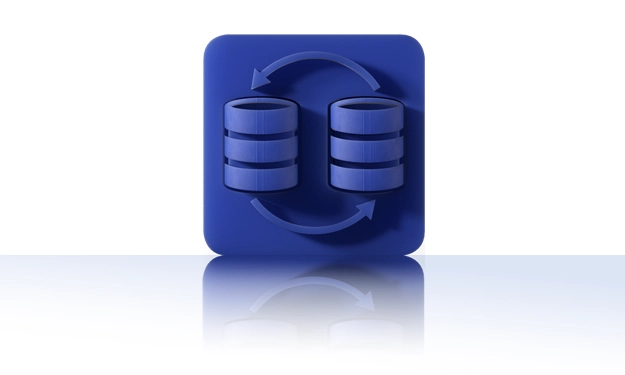 The symbol is unicolor blue and shows two stylized database symbols, each with three superimposed bars. Two curved arrows run between them in a circle, representing a reciprocal data exchange. It is shown in a square with rounded corners. This icon stands for the Data Hub and Process Monitor module of crossbase.