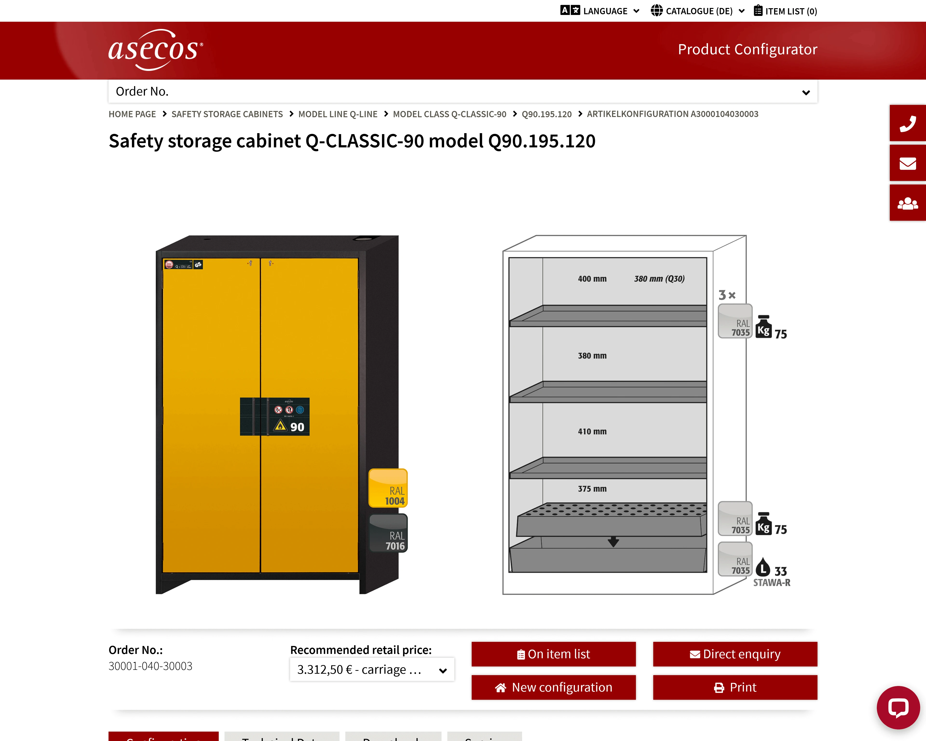 Screenshot of the online product configurator from asecos.