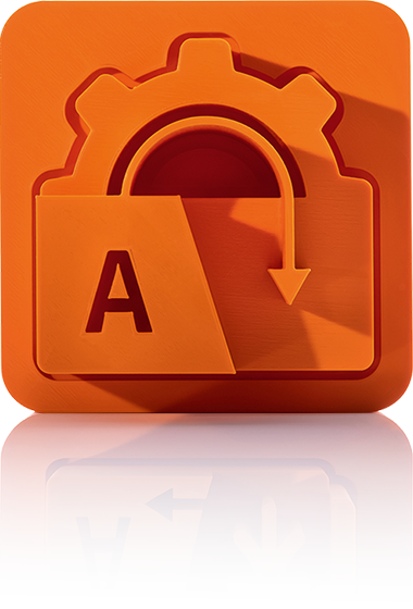 The symbol is unicolor orange and shows a cogwheel with an arrow leading into it from top to bottom. There is a large 