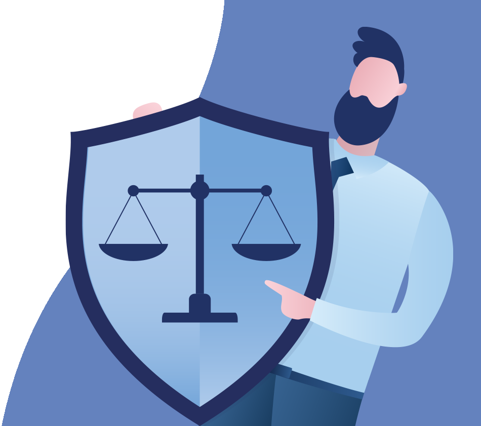 A person is holding a shield featuring a set of scales, symbolizing the principles of crossbase's ethical guidelines.
