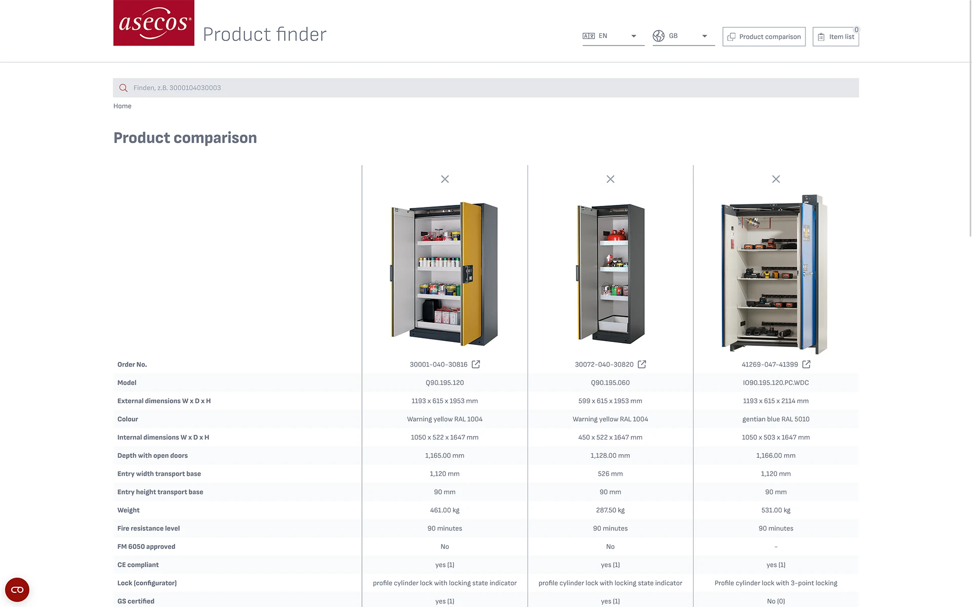 Screenshot of the product finder article comparison with three safety storage cabinets from asecos.
