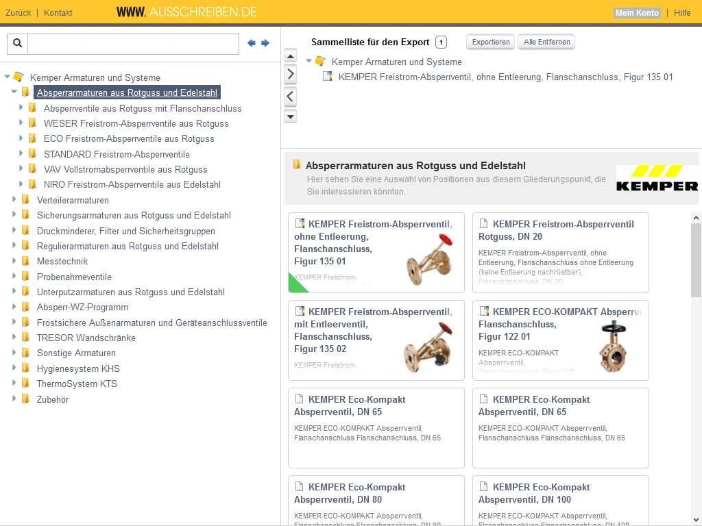 Screenshot of AUSSCHREIBEN.DE with products from KEMPER.