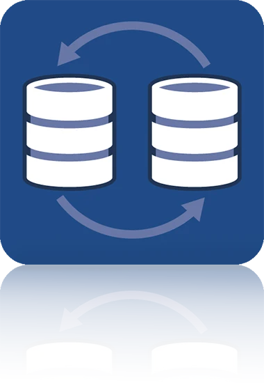 The symbol is unicolor blue and shows two stylized database symbols, each with three superimposed bars. Two curved arrows run between them in a circle, representing a reciprocal data exchange. It is shown in a square with rounded corners. This icon stands for the Data Hub and Process Monitor module of crossbase.