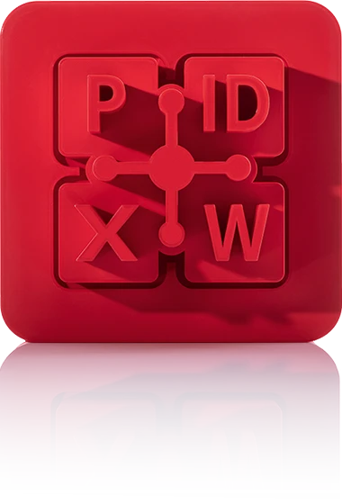 The symbol is unicolor red and shows four squares that are linked together by a central connection. The squares contain the letters 