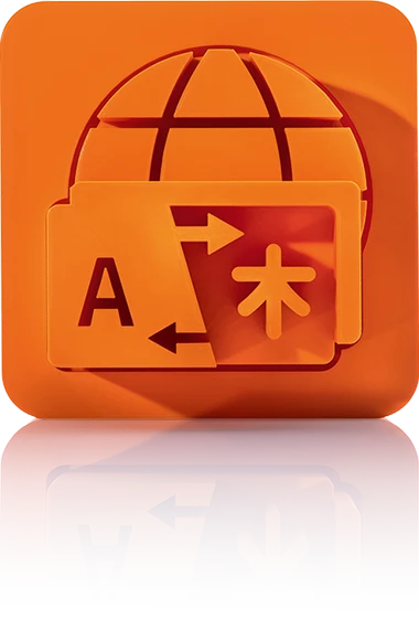 The symbol is unicolor orange and shows a stylized globe in the background. In the foreground is a translation window with a large 