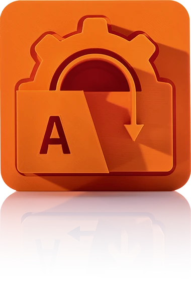 The symbol is unicolor orange and shows a cogwheel with an arrow leading into it from top to bottom. There is a large 