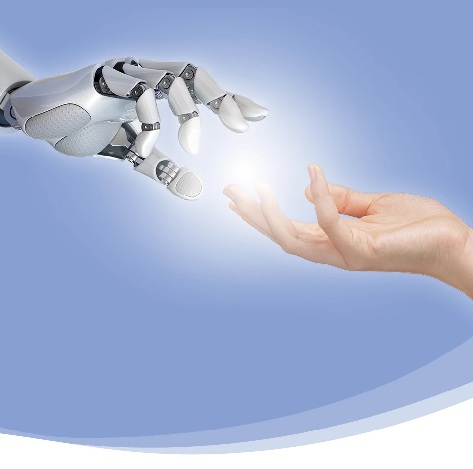 A robot hand and a human hand almost touch each other in the middle of the picture, as if they were throwing up something.