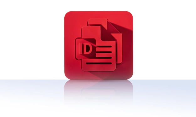 Le symbole est rouge unicolore et représente une roue dentée dans laquelle est intégré un document stylisé avec trois lignes horizontales. Le symbole se trouve dans un carré aux coins arrondis. Cette icône représente la publication print de crossbase.