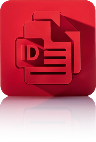 Le symbole est rouge unicolore et représente une roue dentée dans laquelle est intégré un document stylisé avec trois lignes horizontales. Le symbole se trouve dans un carré aux coins arrondis. Cette icône représente la publication print de crossbase.