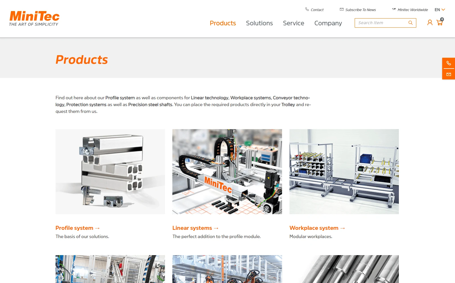 Capture d'écran du site web de MiniTec avec les informations de produit de la base de données crossbase.