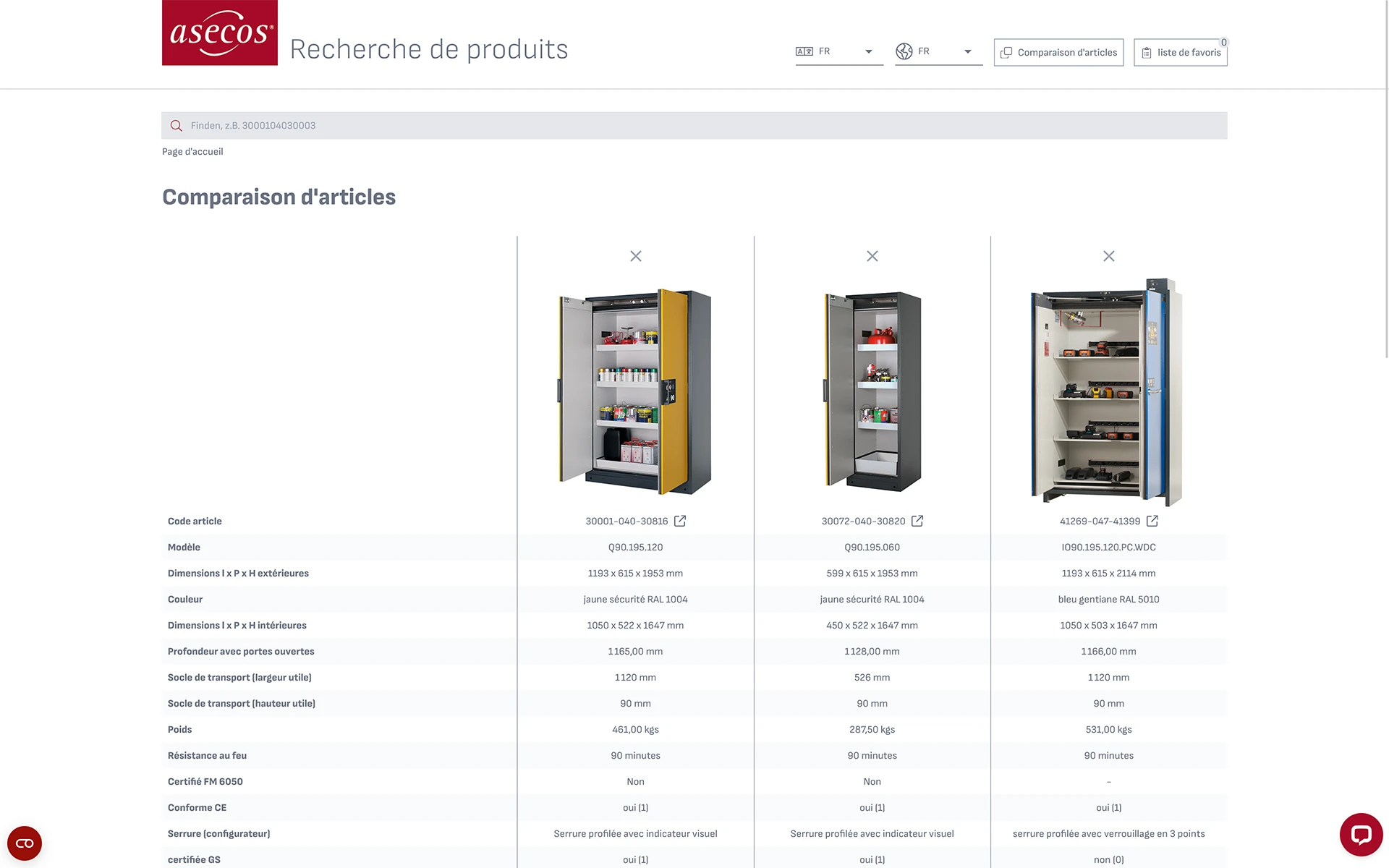 Capture d'écran du comparateur d'articles du Product Finder avec trois armoires de sécurité d'asecos.