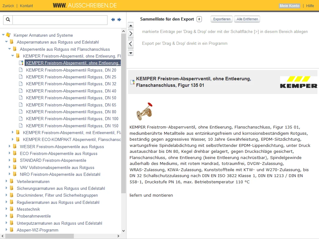 Capture d'écran de AUSSCHREIBEN.DE avec des produits de KEMPER.