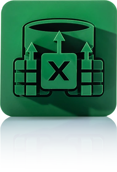 Le symbole est vert unicolore et montre une base de données stylisée devant laquelle sont disposés deux symboles de tableau avec une structure de cellules. Au centre se trouve un grand 