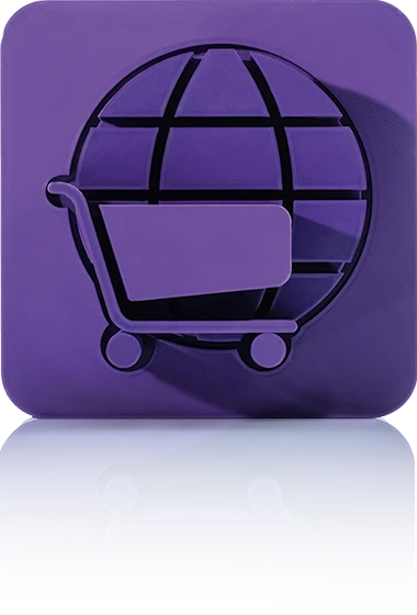 Le symbole est unicolore violet et représente un caddie devant un globe stylisé avec des lignes de grille. Il est représenté dans un carré aux coins arrondis. Cette icône représente le catalogue en ligne de crossbase.