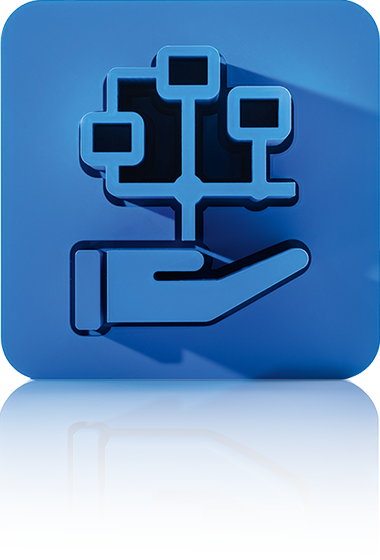 Le symbole se compose d'un carré bleu aux coins arrondis et représente une paume de main stylisée portant un diagramme ramifié. Le diagramme se compose de quatre nœuds connectés sous la forme de petits rectangles disposés en arborescence par des lignes. Le symbole représente la gestion des workflows de crossbase.